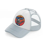 skull carrying a skateboard grey trucker hat