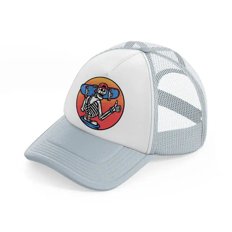 skull carrying a skateboard grey trucker hat