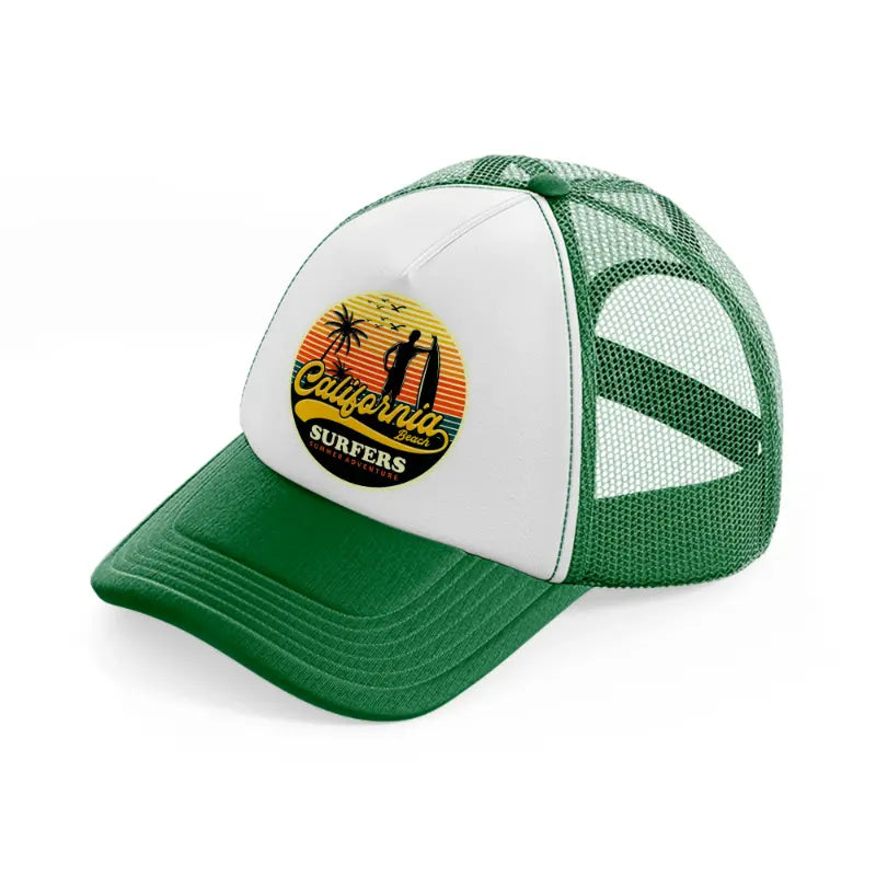 california beach surfers summer adventure green and white trucker hat