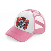 skull is holding a skateboard pink and white trucker hat