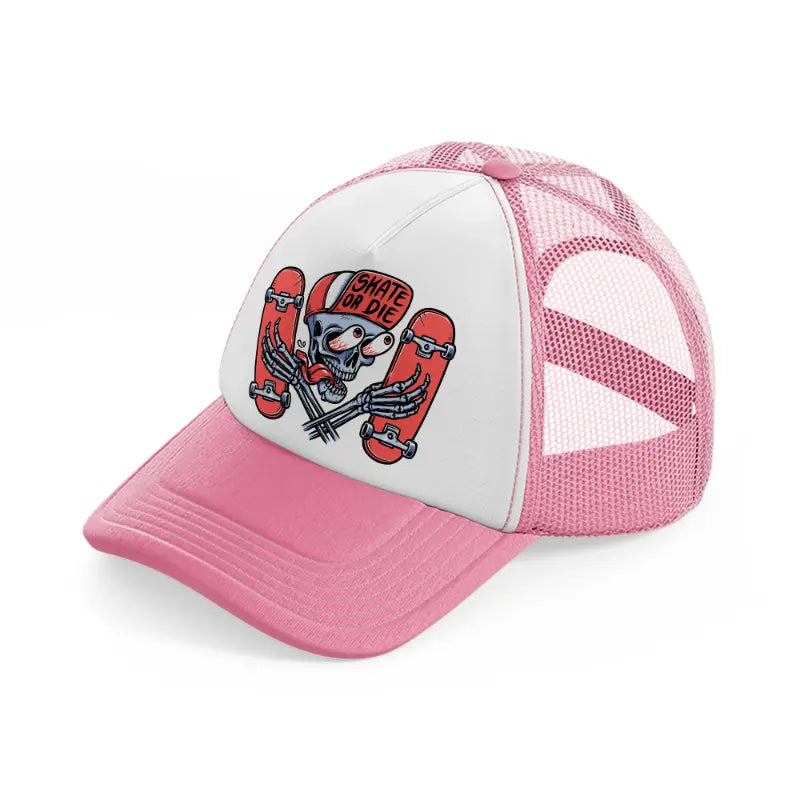 skull is holding a skateboard pink and white trucker hat