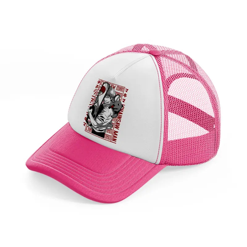 denji and pochita neon pink trucker hat