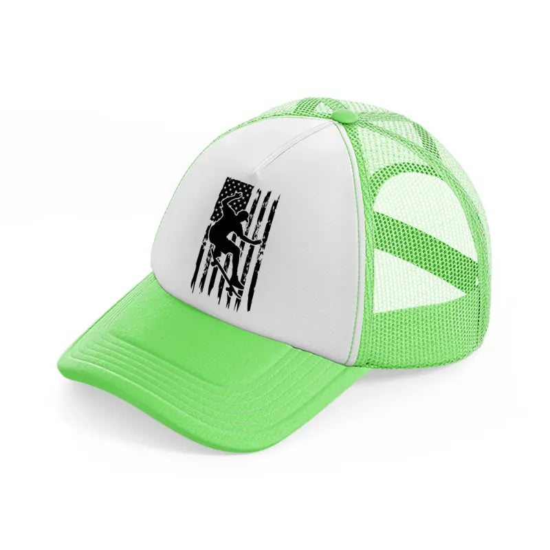 american flag skateboard lime green trucker hat