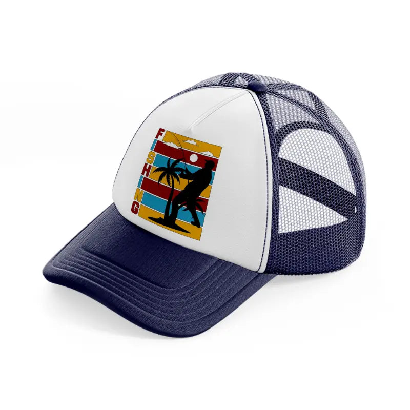 fishing retro navy blue and white trucker hat
