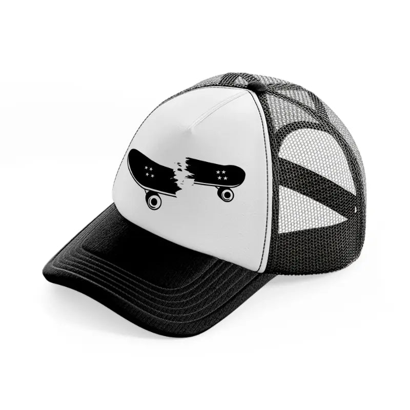 broken skateboard black and white trucker hat