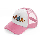football characters pink and white trucker hat
