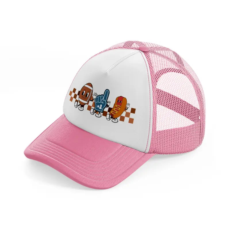 football characters pink and white trucker hat