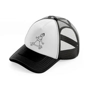 person riding skateboard black and white trucker hat