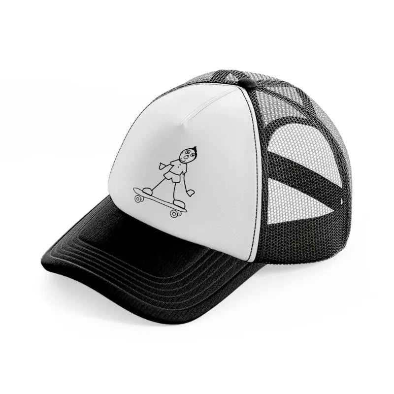 person riding skateboard black and white trucker hat