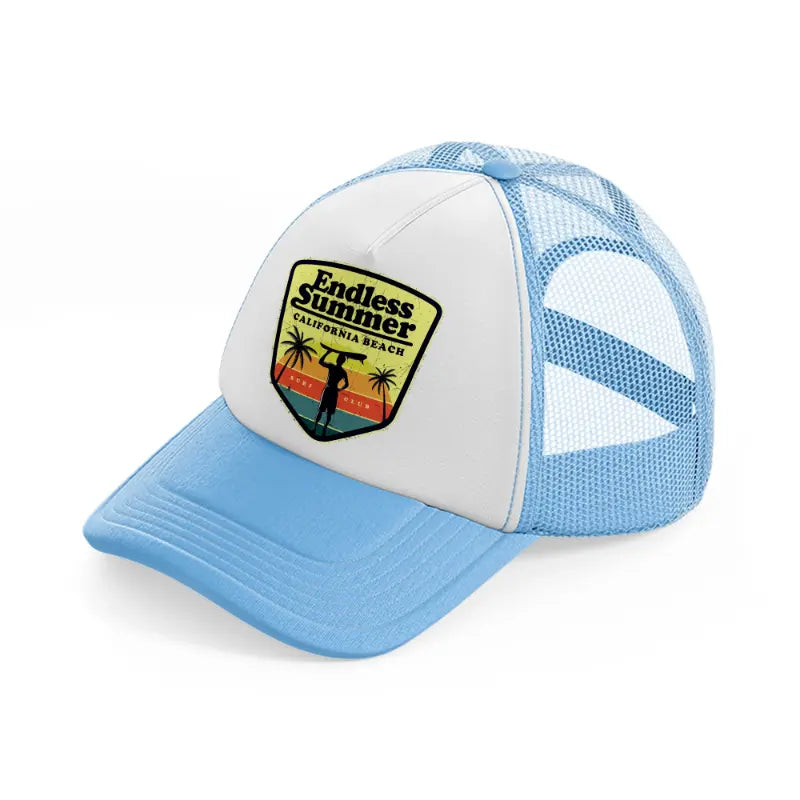 endless summer california beach surf club sky blue trucker hat