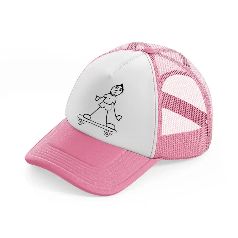 person riding skateboard pink and white trucker hat