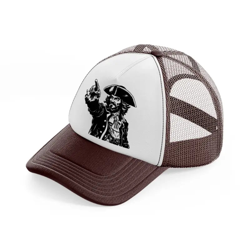 pirate finger pointing brown trucker hat
