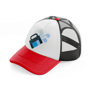 golf bag blue red and black trucker hat