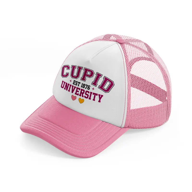 cupid university est 1876 pink and white trucker hat