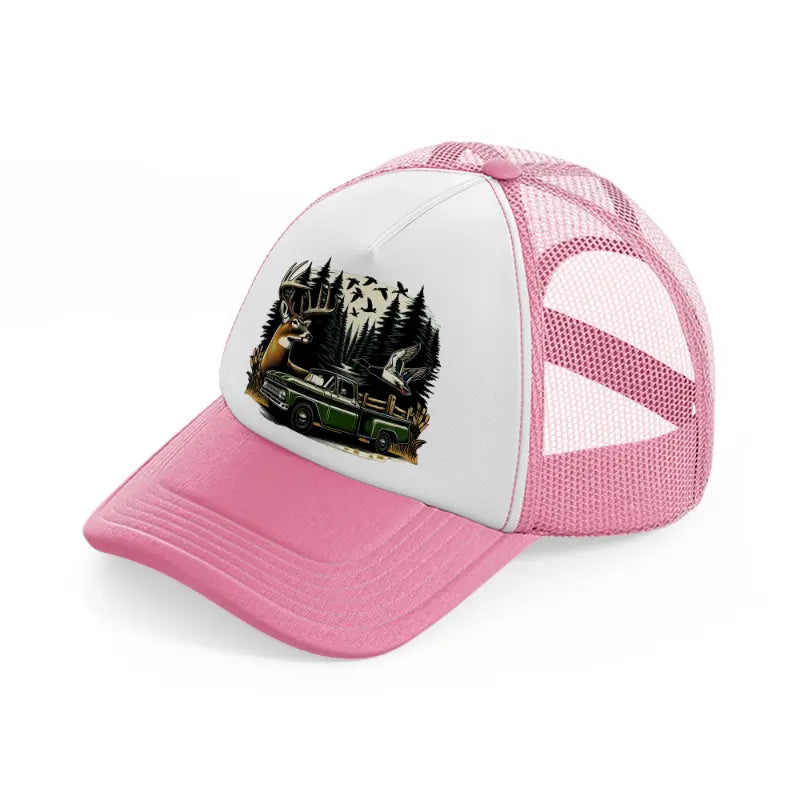 deer car wild pink and white trucker hat
