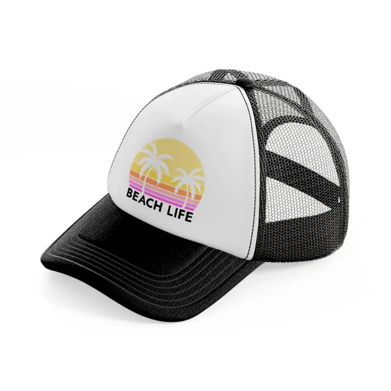 beach life retro sun black and white trucker hat