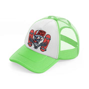 skull is holding a skateboard lime green trucker hat