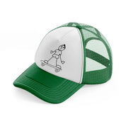 person riding skateboard green and white trucker hat