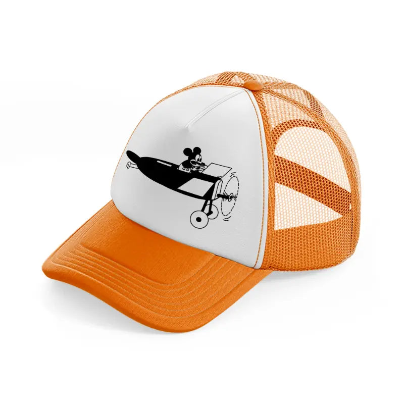 micky on plane orange trucker hat