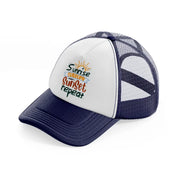 sunrise sunburn sunset repeat navy blue and white trucker hat