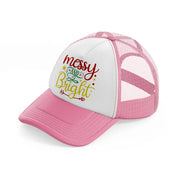 messy and bright-pink-and-white-trucker-hat