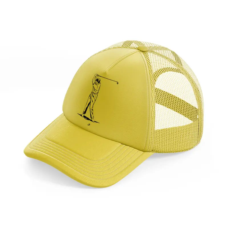 golfer taking shots b&w gold trucker hat