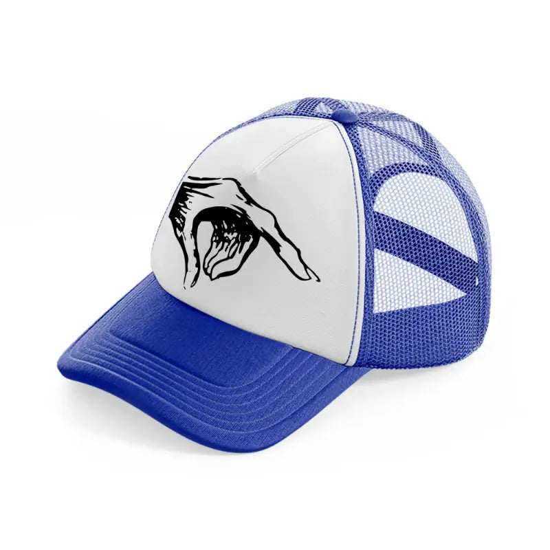 creepy hand blue and white trucker hat