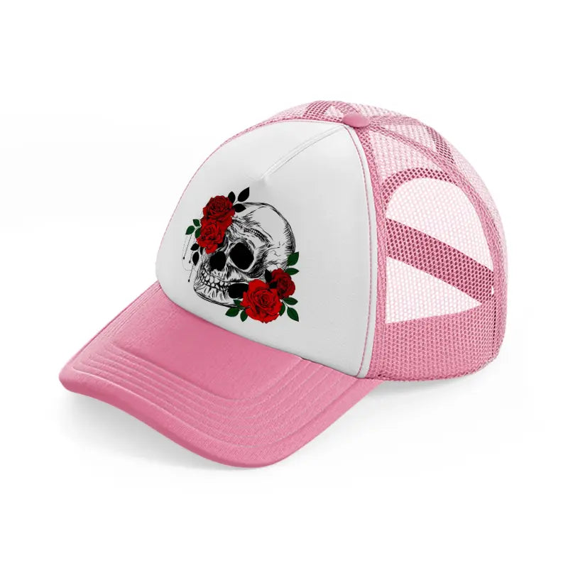 skull & roses pink and white trucker hat