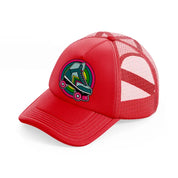 roller skates in circle red trucker hat