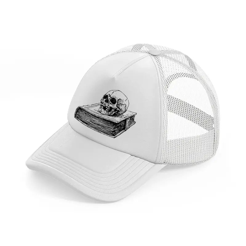 skull in book-white-trucker-hat