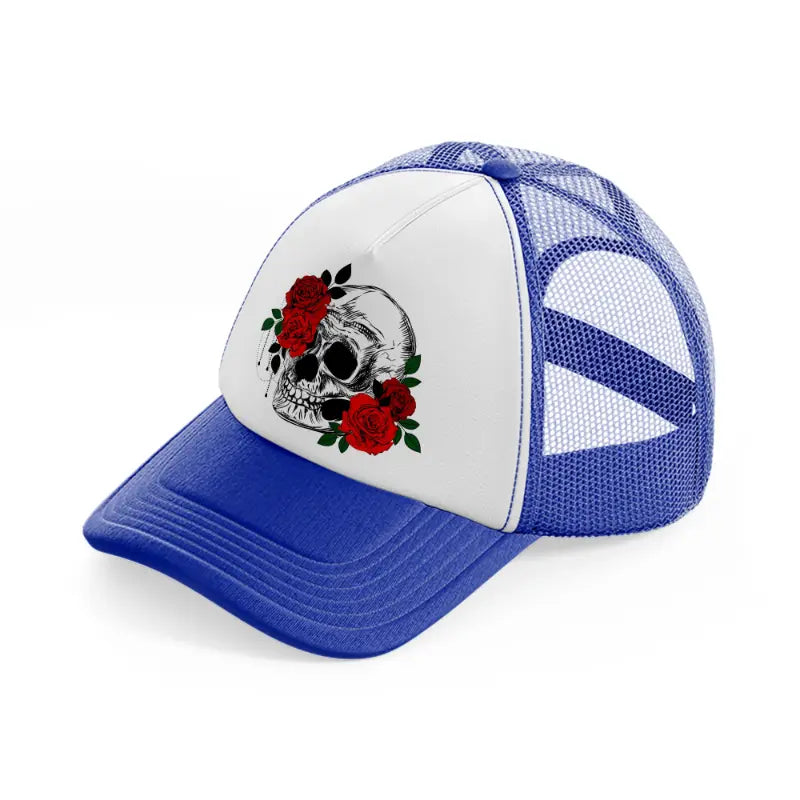 skull & roses blue and white trucker hat