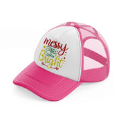 messy and bright-neon-pink-trucker-hat