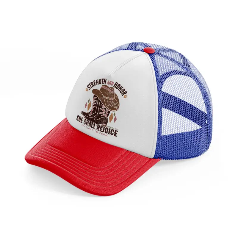 strength and honor she shall rejoice in time to come multicolor trucker hat