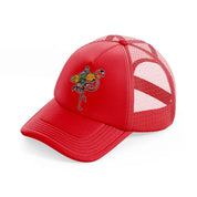 skeleton and flamingo get ready to surf red trucker hat