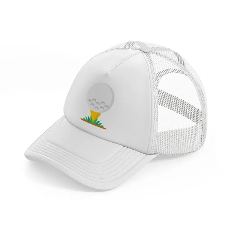 golf ball in grass white trucker hat