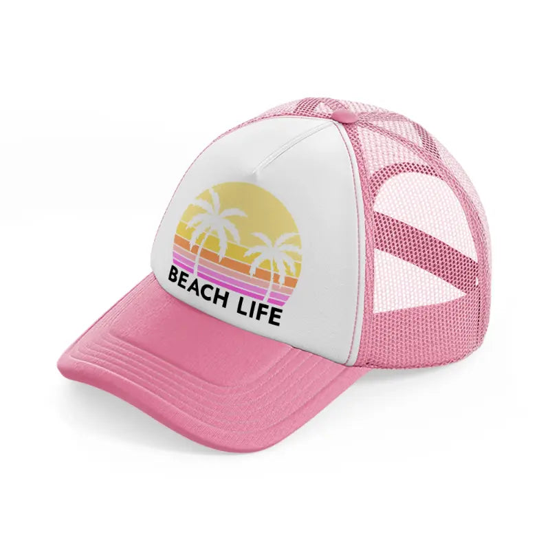 beach life retro sun-pink-and-white-trucker-hat