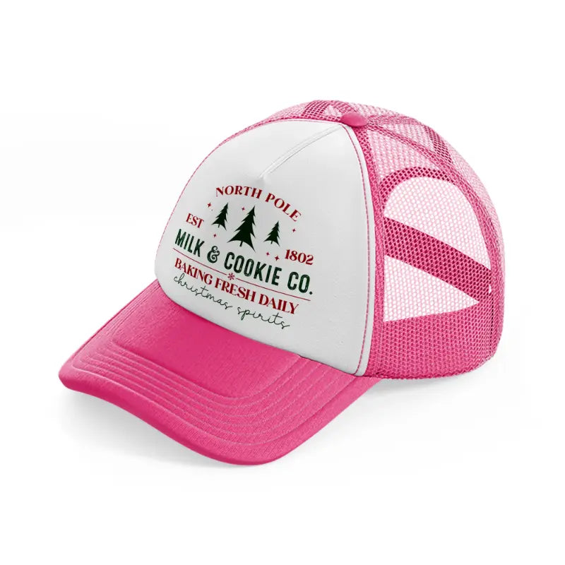 north pole milk & cookie co. baking fresh daily-neon-pink-trucker-hat