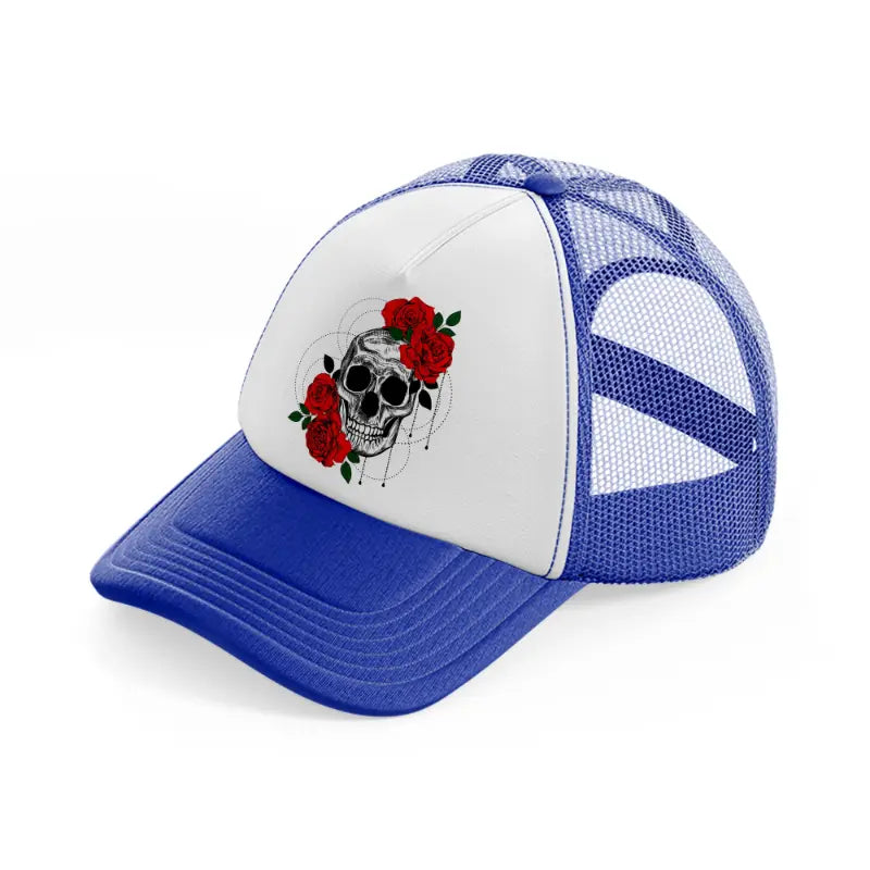 skull roses-blue-and-white-trucker-hat