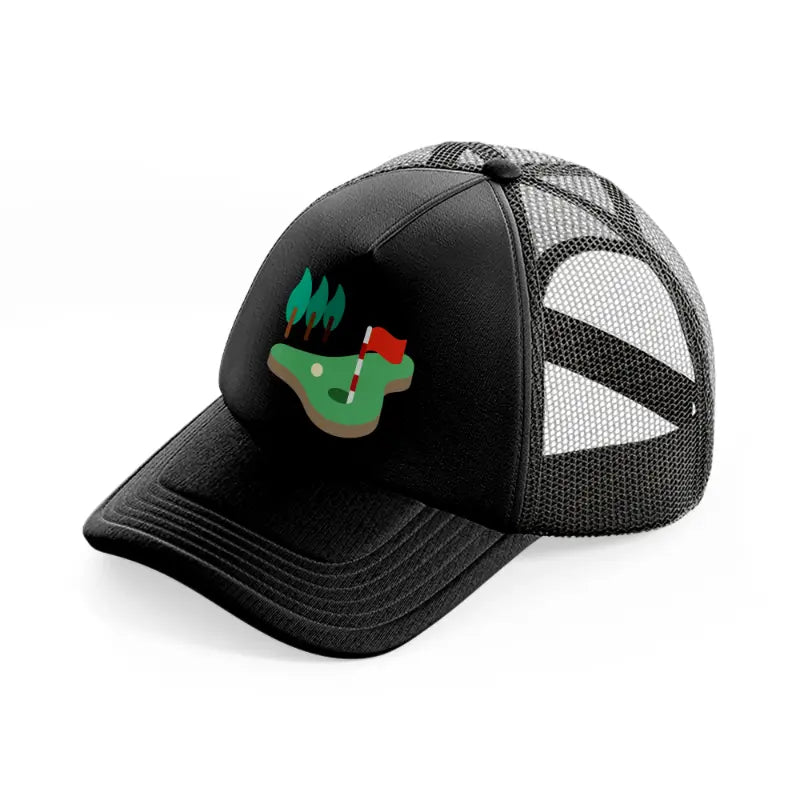 golf field trees black trucker hat