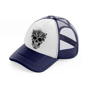 skull head flower  rose-navy-blue-and-white-trucker-hat