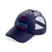 hey batter batter navy blue trucker hat