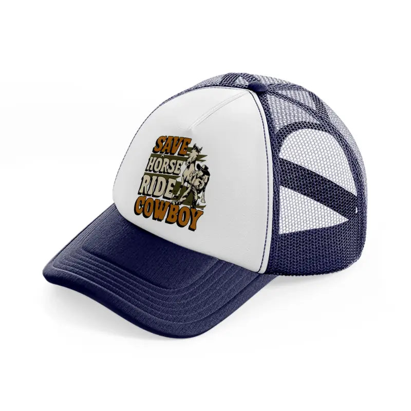 save horse ride cowboy navy blue and white trucker hat