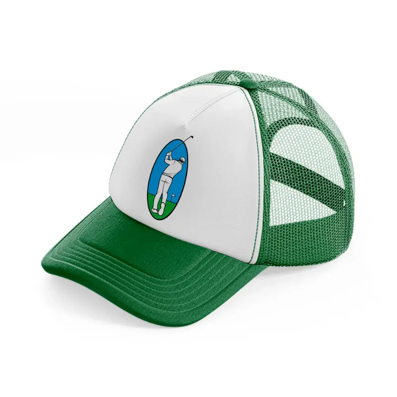 golfer taking shot green and white trucker hat