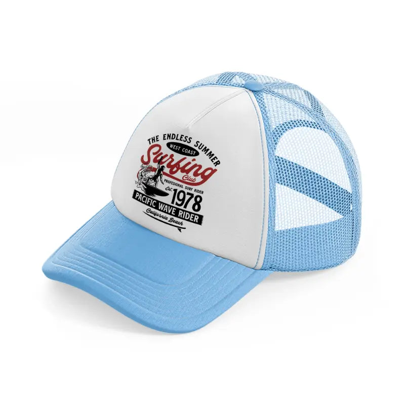 the endless summer west coast surfing club sky blue trucker hat