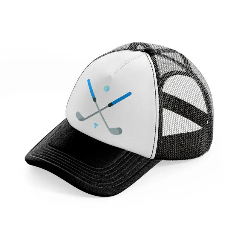 golf sticks. black and white trucker hat