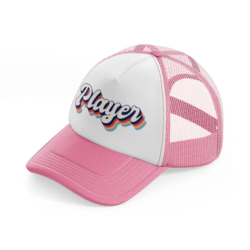 player pink and white trucker hat