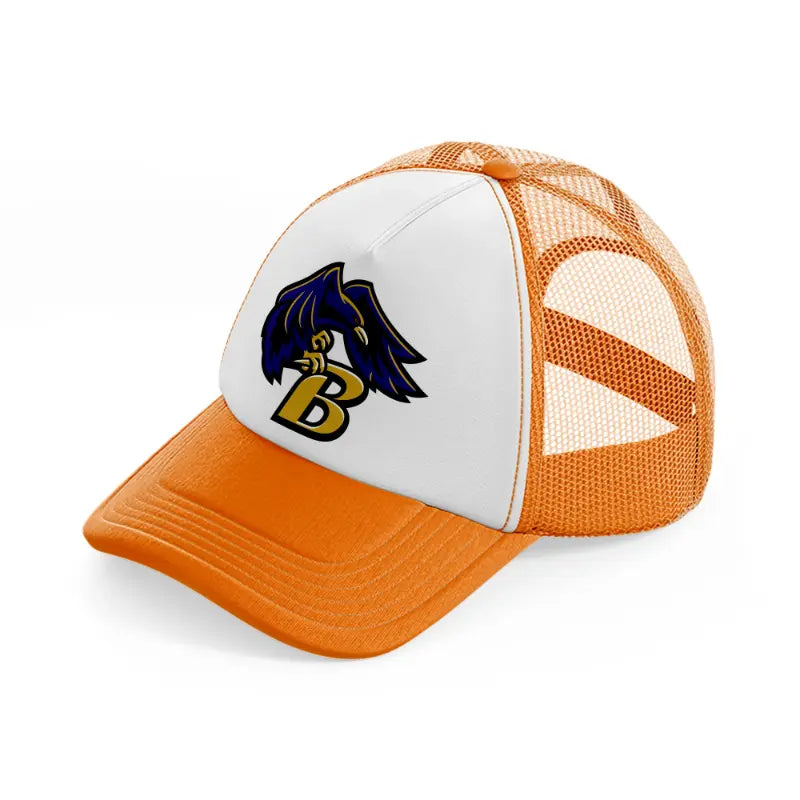 b emblem-orange-trucker-hat