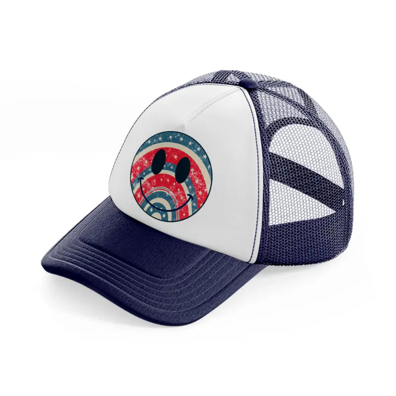 usa themed happy face-navy-blue-and-white-trucker-hat