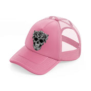 skull head flower  rose pink trucker hat