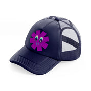 purple smiley flower navy blue trucker hat